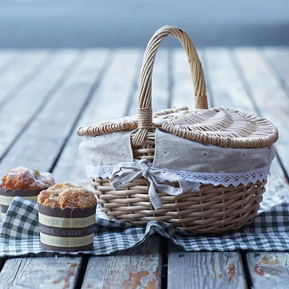 Handmade Willow Picnic Basket With Lid And Handle Washable Lining Willow Storage Basket Suitable For Outdoor Camping