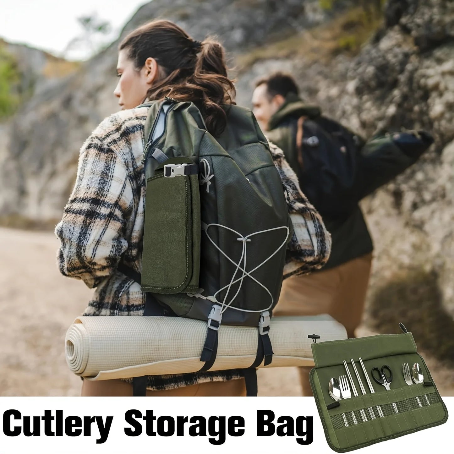 Outdoor camping tableware roll storage bag, Oxford cloth portable tableware bag with safety slot - lightweight and compact trave