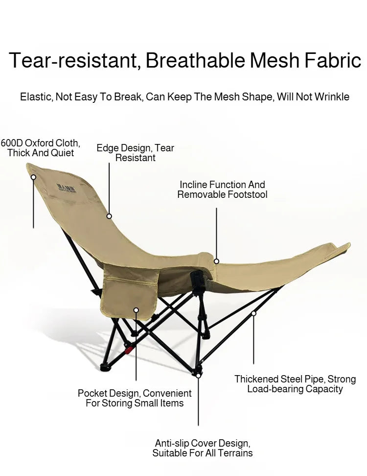 Outdoor Portable Camping Recliner Foldable Nap Beach Chair with Leg Support Lightweight Travel Folding Chair for Hiking Fishing