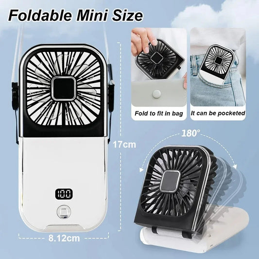 Folding handheld fan USB charging digital display outdoor mini neck hanging power bank fan，gift