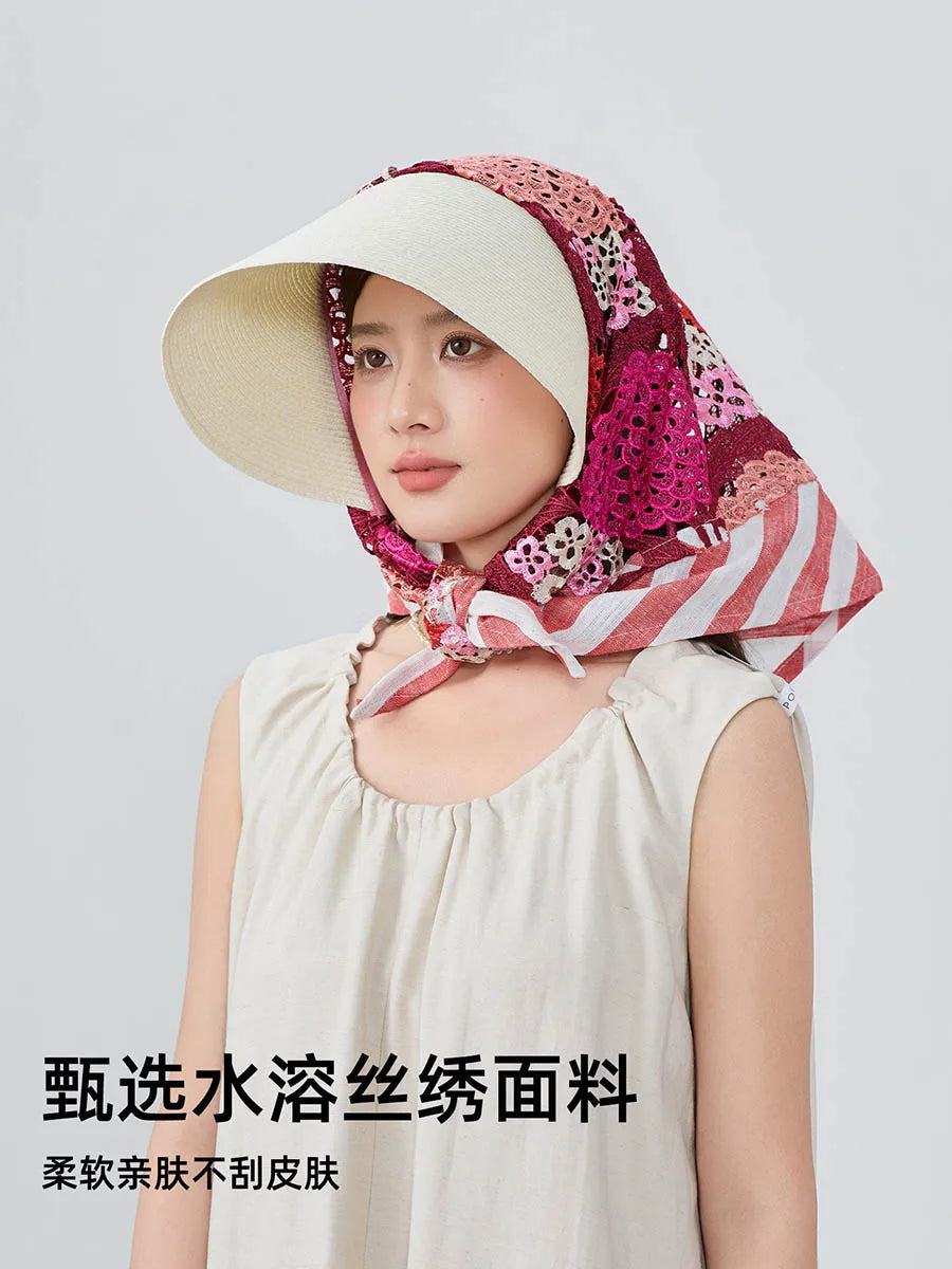 Japan Customize Women UV Paper Straw Sun Hat Hollow Lace Embroidered Headscarf Wide Brim Beach Visor Cap Summer Leisure Travel