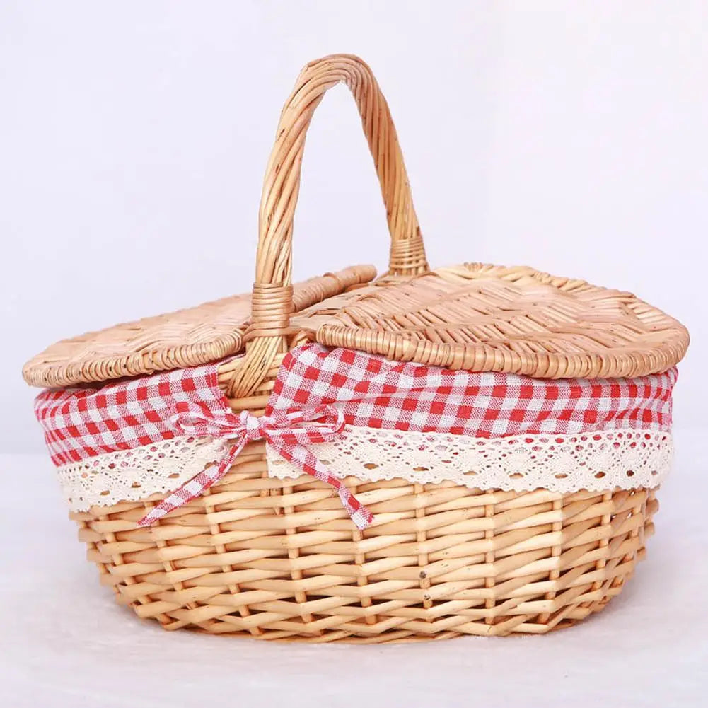 Handmade Willow Picnic Basket With Lid And Handle Washable Lining Willow Storage Basket Suitable For Outdoor Camping