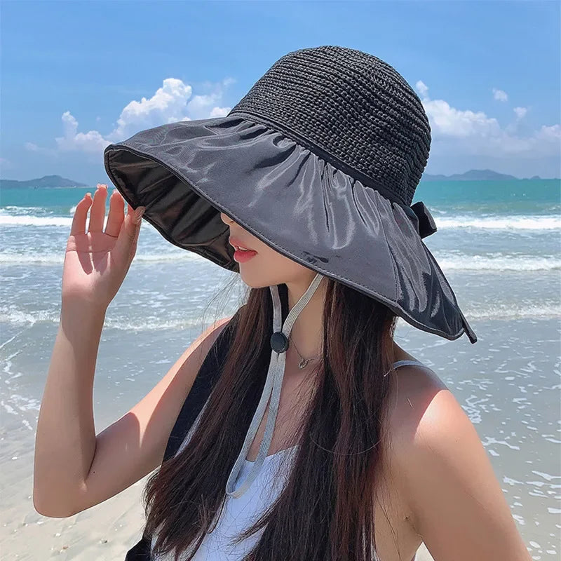 Summer Sun hat women's straw woven anti ultraviolet 2025 with big brim seaside black glue breathable Bucket hat umbrella hat