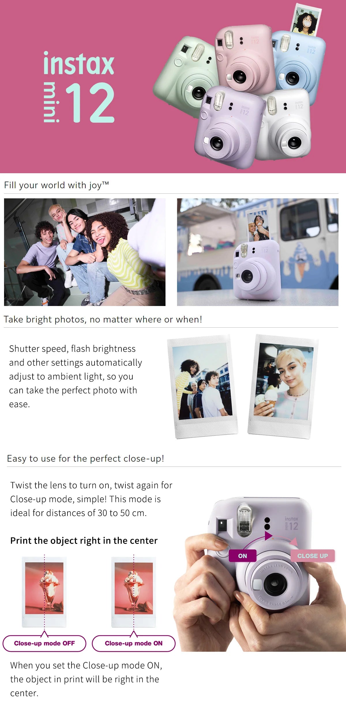 Genuine Fujifilm Instax Mini 12 Instant Camera With 20 Sheets Mini Film Paper Camera Shoulder Strap Bag Accessories Gift Suit