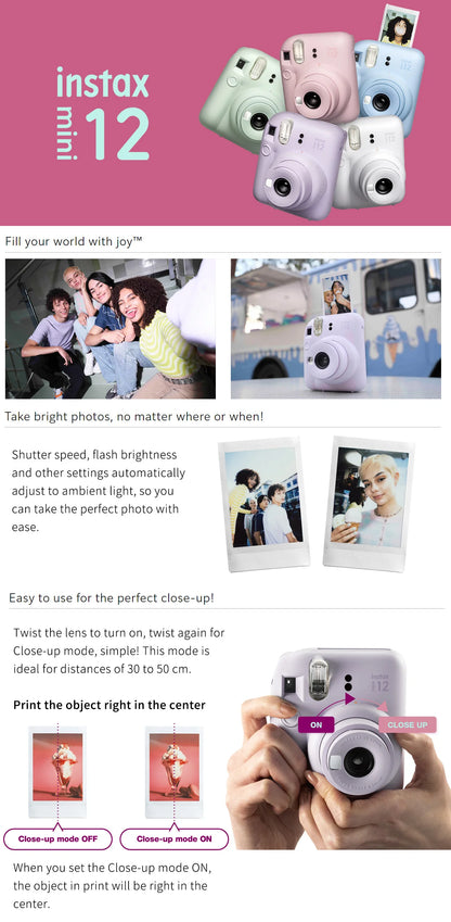 Genuine Fujifilm Instax Mini 12 Instant Camera With 20 Sheets Mini Film Paper Camera Shoulder Strap Bag Accessories Gift Suit