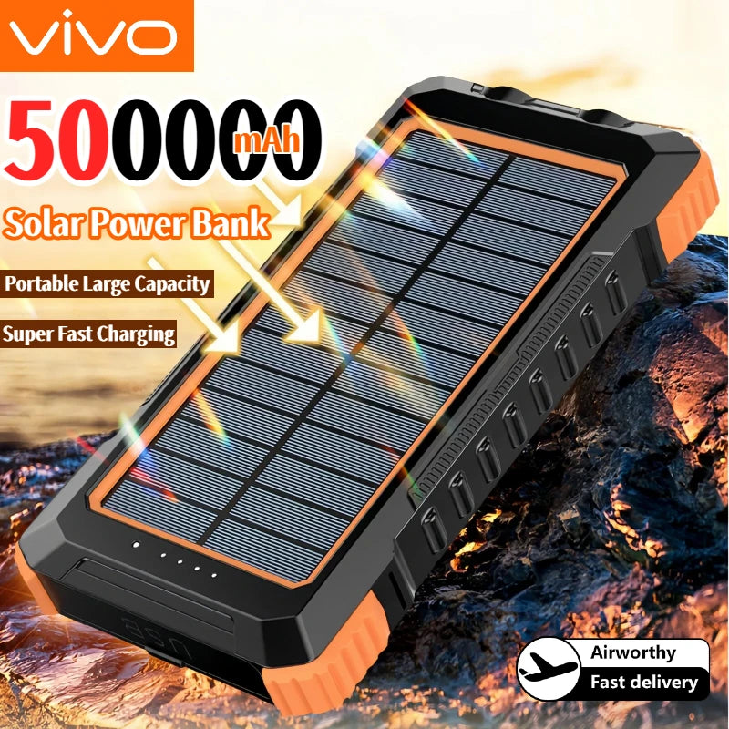 VIVO 500000mAh Solar Power Bank Portable Large Capacity Charger Compatible USB-A And USB-C With Flashlight For iPhone Huawei