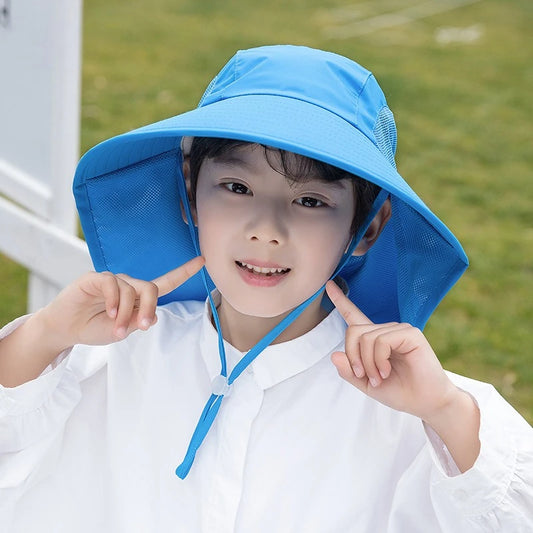 Kids Sun Hat with Neck Flap UV Protection Summer Toddler Beach Hat Unisex Ponytail Hat Wide Brim Fishing Hat