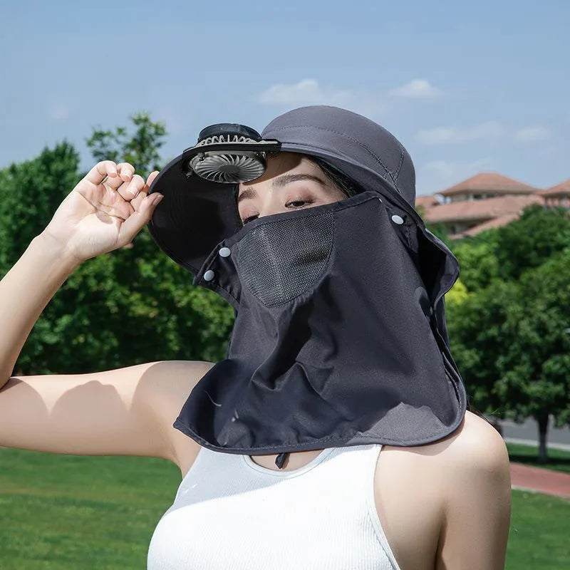 Women Wide Brim Solar Fan Sun Hat Integrated Face Shield Shawl Design UV Protection Fisherman Cap Outdoor Breathable