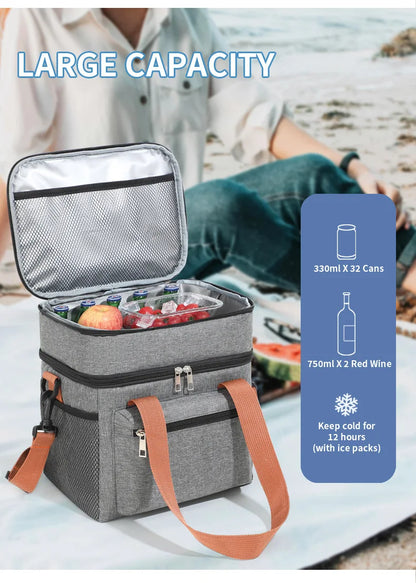 Thermal Lunch Bag Double Layers Large Capacity Lunch Boxes Bags Portable Crossbody Picnic Food Drink Storage Bag Cooler Tote New