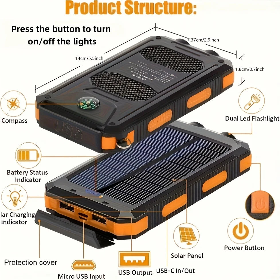 Solar Power Bank 80000mAh Portable Charging Poverbank External Battery Charger Strong Light LDE Light for All Smartphones