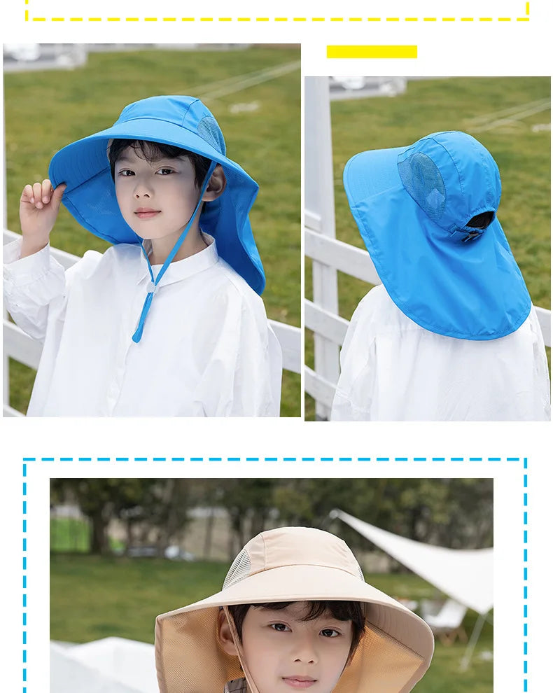 Kids Sun Hat with Neck Flap UV Protection Summer Toddler Beach Hat Unisex Ponytail Hat Wide Brim Fishing Hat