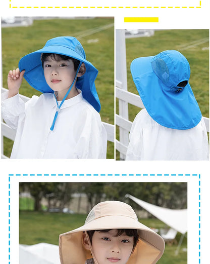 Kids Sun Hat with Neck Flap UV Protection Summer Toddler Beach Hat Unisex Ponytail Hat Wide Brim Fishing Hat
