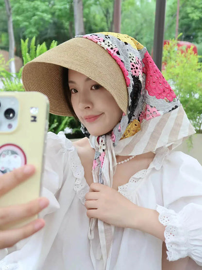 Japan Customize Women UV Paper Straw Sun Hat Hollow Lace Embroidered Headscarf Wide Brim Beach Visor Cap Summer Leisure Travel