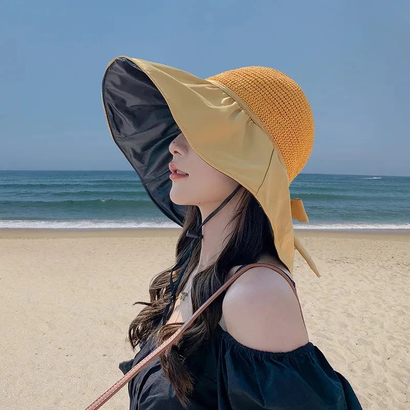 Summer Sun hat women's straw woven anti ultraviolet 2025 with big brim seaside black glue breathable Bucket hat umbrella hat