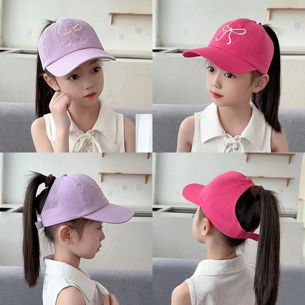 Sweet Bow Baby Girl Baseball Caps Pink White Children Sun Hat High Ponytail Kids Boy Sun Hats Adjustable Outdoor Travel Caps New