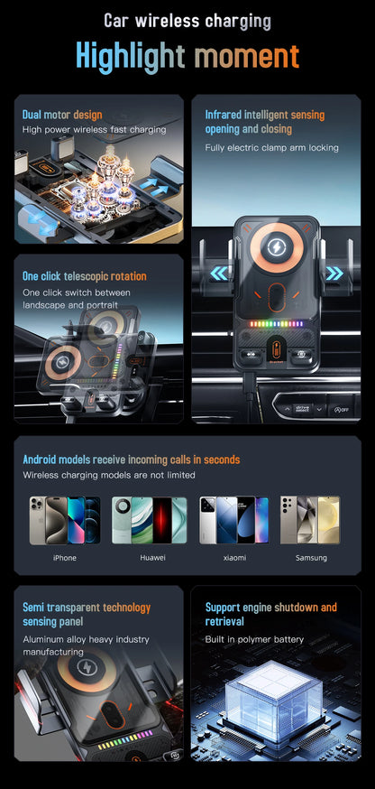 15W Wireless Charger Smart Induction Rotating Universal Car Mobile Phone Holder Air Outlet Clip For iPhone Samsung Xiaomi Huawei