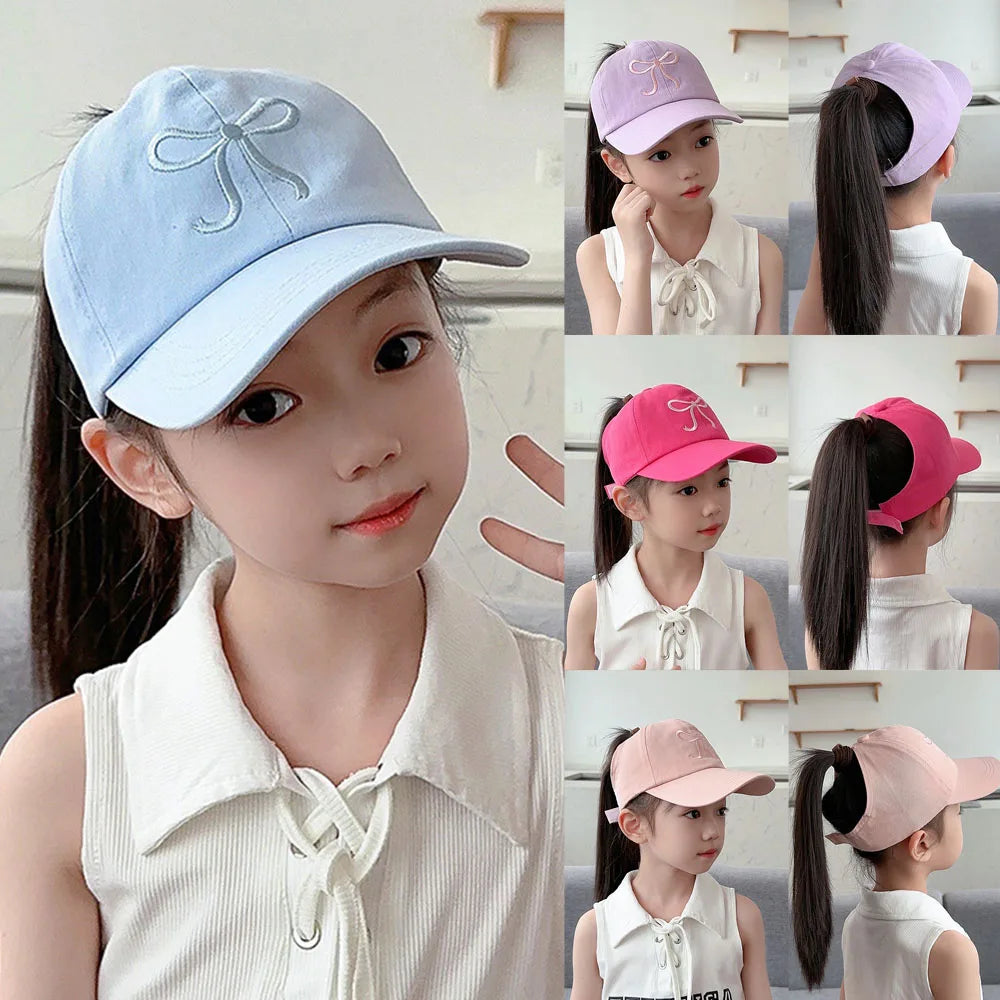 Sweet Bow Baby Girl Baseball Caps Pink White Children Sun Hat High Ponytail Kids Boy Sun Hats Adjustable Outdoor Travel Caps New