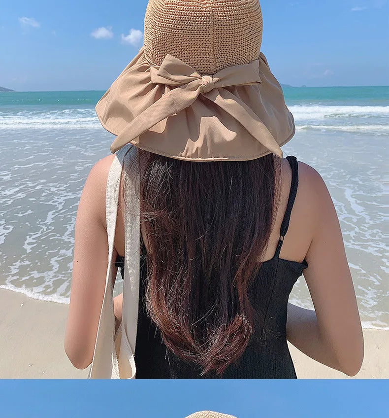 Summer Sun hat women's straw woven anti ultraviolet 2025 with big brim seaside black glue breathable Bucket hat umbrella hat