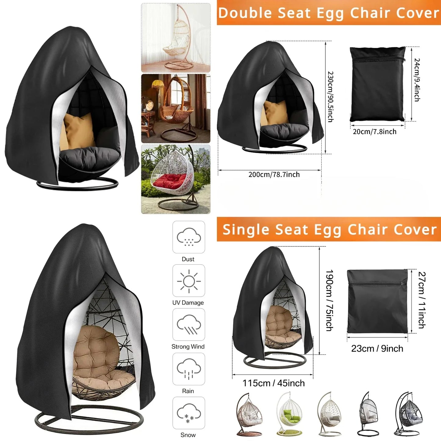 210D Oxford Waterproof Patio Hanging Egg Chair Cover Wicker Swing Egg Chair Cover Swing Hanging Chair Egg Shell Courtyard Garden