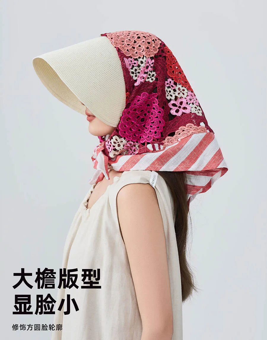 Japan Customize Women UV Paper Straw Sun Hat Hollow Lace Embroidered Headscarf Wide Brim Beach Visor Cap Summer Leisure Travel