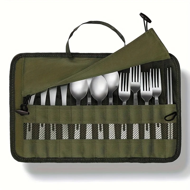 Outdoor camping tableware roll storage bag, Oxford cloth portable tableware bag with safety slot - lightweight and compact trave
