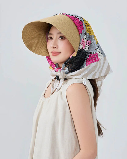 Japan Customize Women UV Paper Straw Sun Hat Hollow Lace Embroidered Headscarf Wide Brim Beach Visor Cap Summer Leisure Travel
