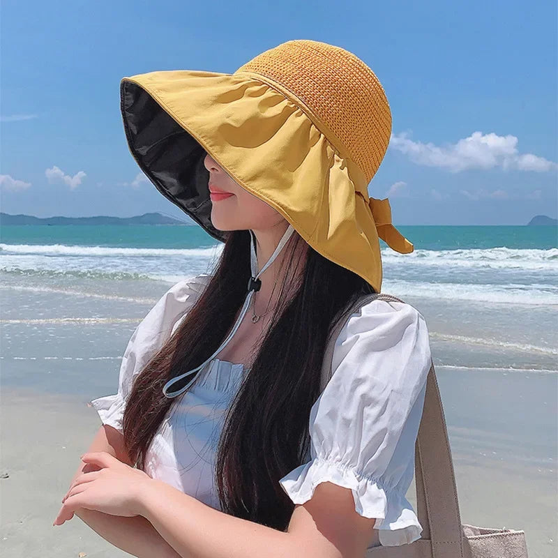 Summer Sun hat women's straw woven anti ultraviolet 2025 with big brim seaside black glue breathable Bucket hat umbrella hat