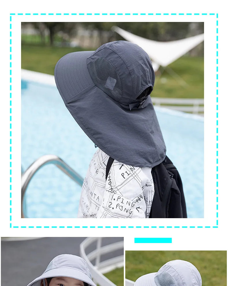 Kids Sun Hat with Neck Flap UV Protection Summer Toddler Beach Hat Unisex Ponytail Hat Wide Brim Fishing Hat