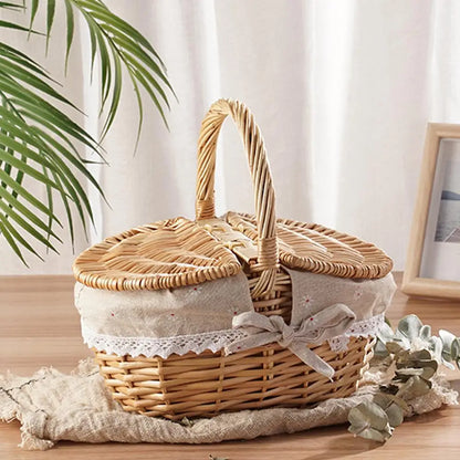 Handmade Willow Picnic Basket With Lid And Handle Washable Lining Willow Storage Basket Suitable For Outdoor Camping