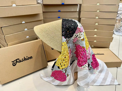 Japan Customize Women UV Paper Straw Sun Hat Hollow Lace Embroidered Headscarf Wide Brim Beach Visor Cap Summer Leisure Travel