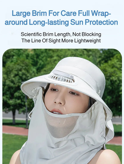 Women Wide Brim Solar Fan Sun Hat Integrated Face Shield Shawl Design UV Protection Fisherman Cap Outdoor Breathable