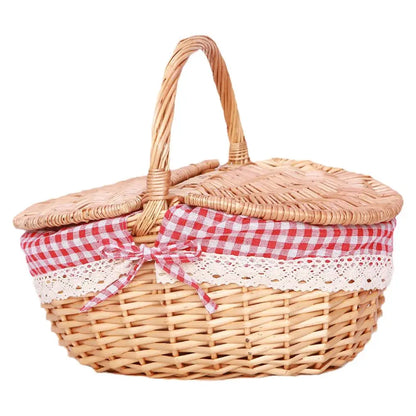 Handmade Wicker Picnic Basket With Handle Picnic Hamper Multi-Purpose Willow Woven Storage Box Outdoor Camping Fruit Basket