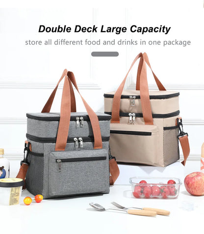 Thermal Lunch Bag Double Layers Large Capacity Lunch Boxes Bags Portable Crossbody Picnic Food Drink Storage Bag Cooler Tote New