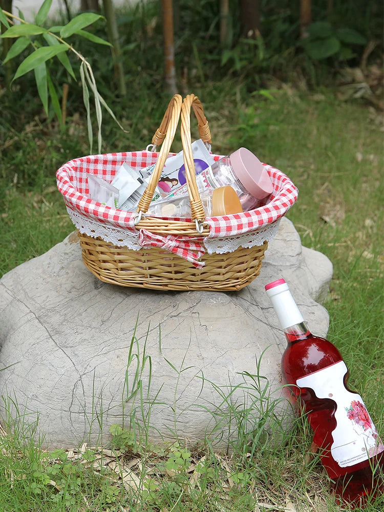 Woven Picnic Basket Woven Basket Folding Handle Portable Eco Friendly Rattan Picnic Basket for Bathroom Gift Rattan Woven Basket