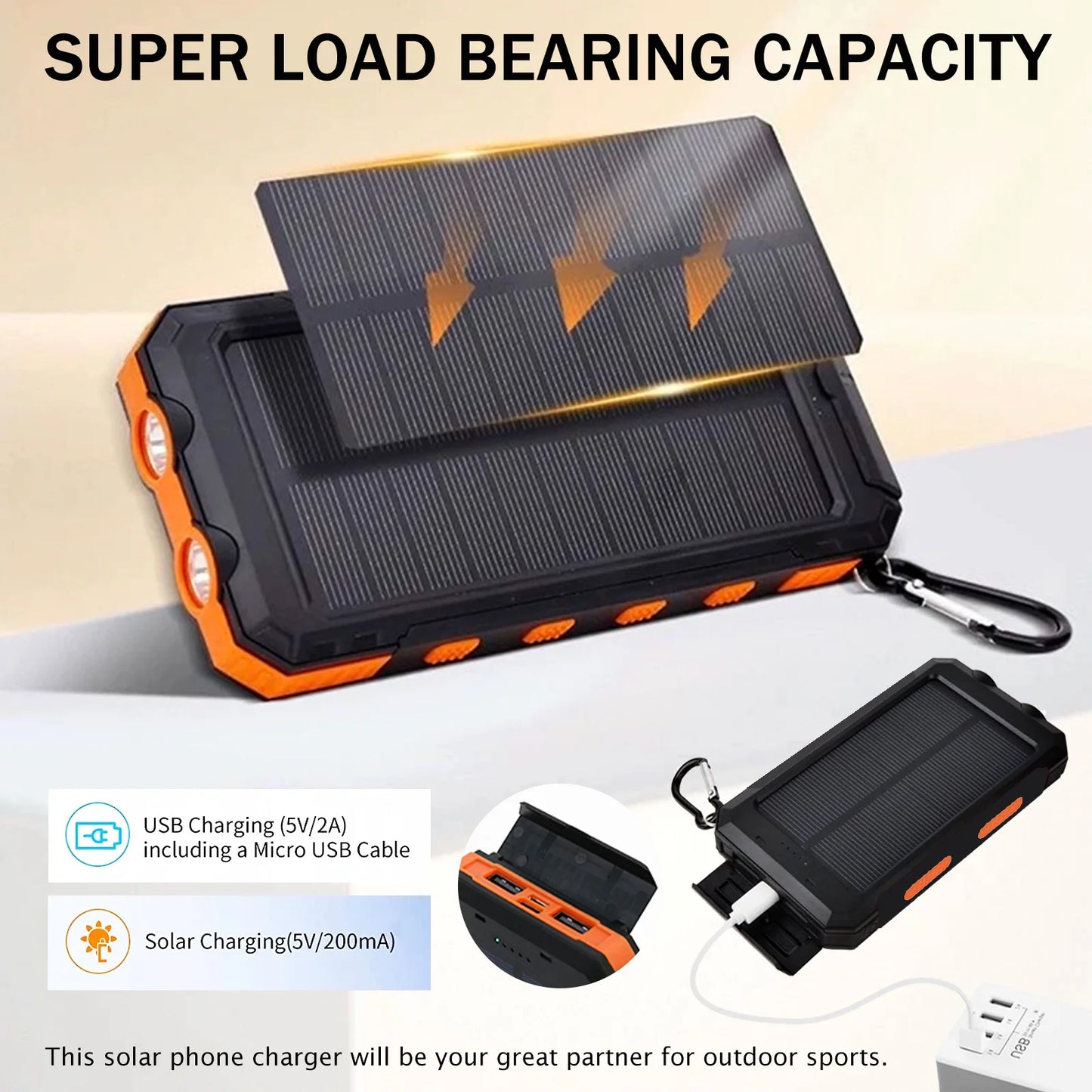 20000mAh Solar Power Bank Portable Solar Charger Waterproof Dual 5V USB Ports 2 LED Light Flashlight For Cell IPhone Outdoor