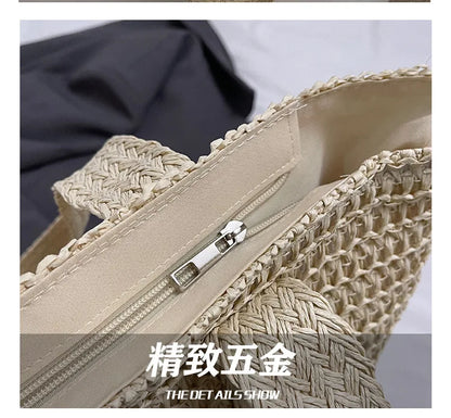 French style large capacity woven straw woven bag for women, new beach vacation shoulder bag, casual commuting tote bag