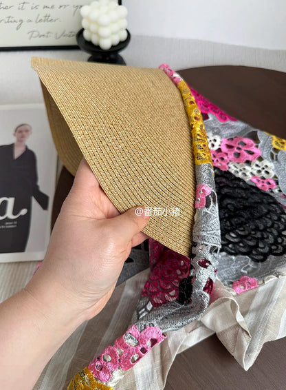 Japan Customize Women UV Paper Straw Sun Hat Hollow Lace Embroidered Headscarf Wide Brim Beach Visor Cap Summer Leisure Travel