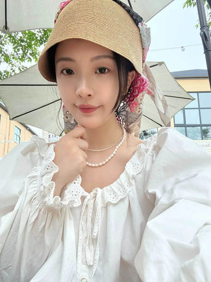 Japan Customize Women UV Paper Straw Sun Hat Hollow Lace Embroidered Headscarf Wide Brim Beach Visor Cap Summer Leisure Travel