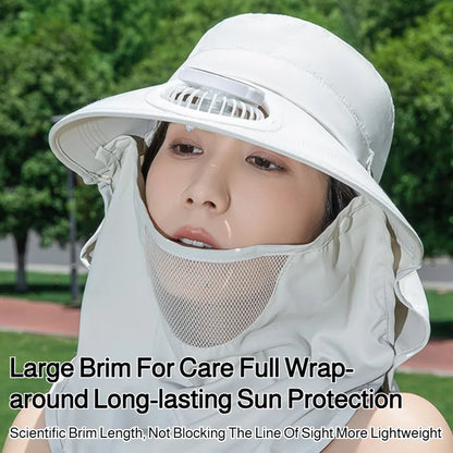 Women Wide Brim Solar Fan Sun Hat Integrated Face Shield Shawl Design UV Protection Fisherman Cap Outdoor Breathable