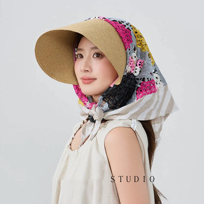 Japan Customize Women UV Paper Straw Sun Hat Hollow Lace Embroidered Headscarf Wide Brim Beach Visor Cap Summer Leisure Travel