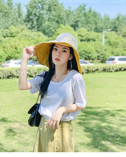 Wide Brim UPF 50+ Sun Hat Women Anti-UV Protection Hiking Fisherman Cap Fold Summer Solid Beach Hat 2024 Double sided Sun hat