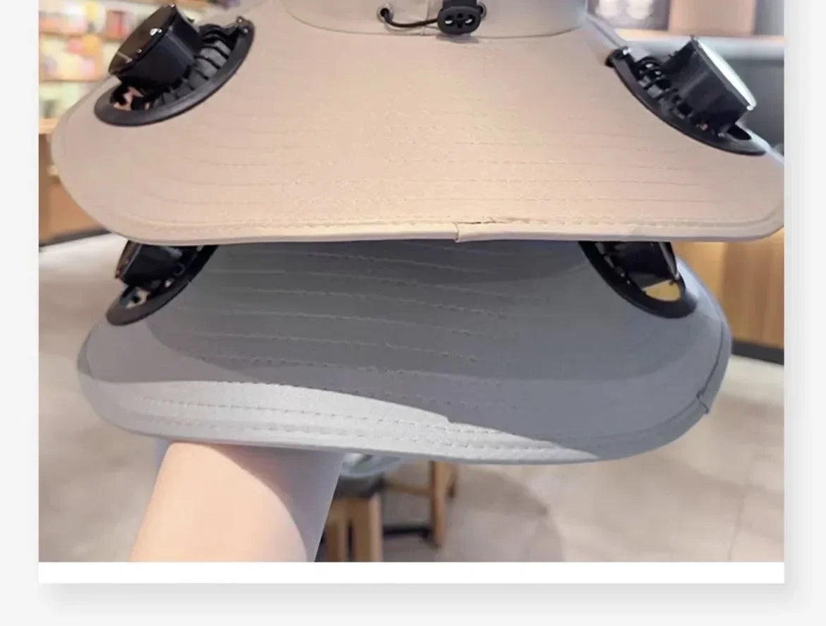 Outdoor Summer Sun Hat With 2 Fan Large Brim Windproof Strap Solar Or USB Charging Anti UV Sun Fishing Cap