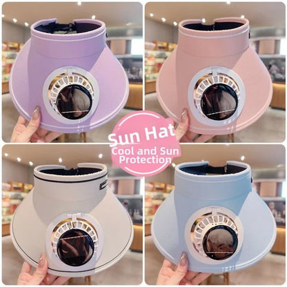 Wide Brim Sun Hat with Fan Breathable Solar Powered Fan Outdoor Visor Hat Empty Top Sunshade Beach Sunshade Hat Women