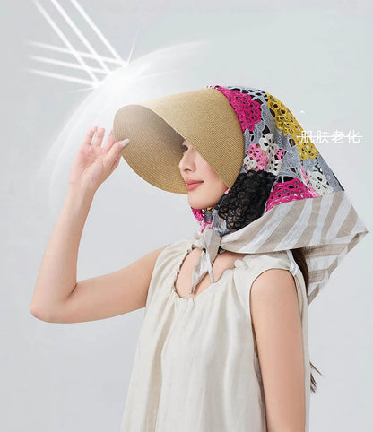 Japan Customize Women UV Paper Straw Sun Hat Hollow Lace Embroidered Headscarf Wide Brim Beach Visor Cap Summer Leisure Travel