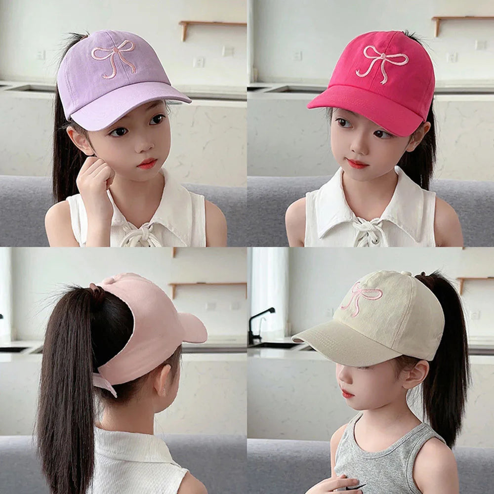 Sweet Bow Baby Girl Baseball Caps Pink White Children Sun Hat High Ponytail Kids Boy Sun Hats Adjustable Outdoor Travel Caps New