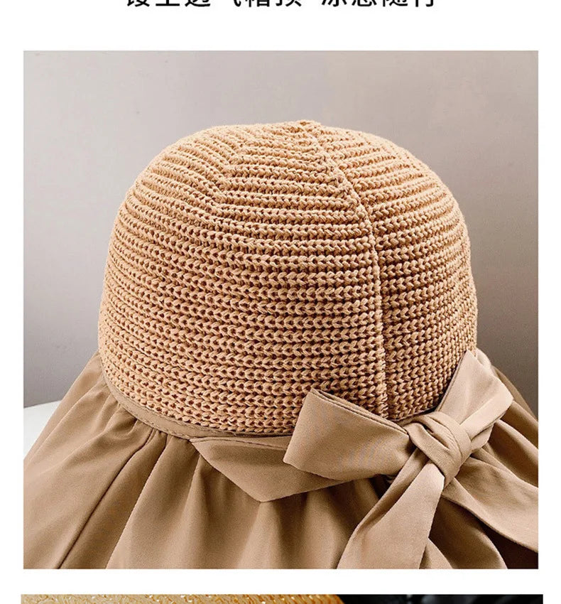 Summer Sun hat women's straw woven anti ultraviolet 2025 with big brim seaside black glue breathable Bucket hat umbrella hat