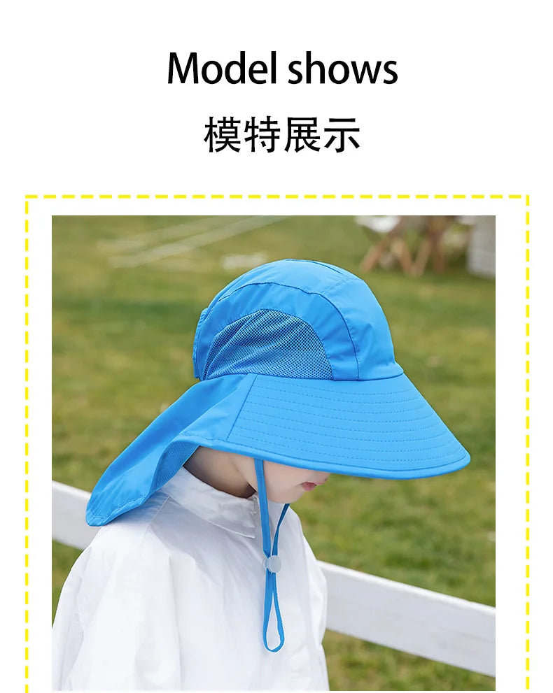 Kids Sun Hat with Neck Flap UV Protection Summer Toddler Beach Hat Unisex Ponytail Hat Wide Brim Fishing Hat