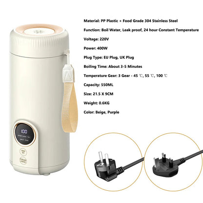 LED Digital Display Boiling Water Electric Bottle 220V 400W Leakproof Travel Milk Coffee Heating Cup Portable Hot Water Kettle