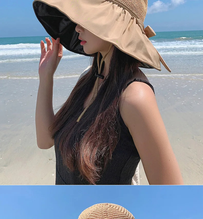 Summer Sun hat women's straw woven anti ultraviolet 2025 with big brim seaside black glue breathable Bucket hat umbrella hat