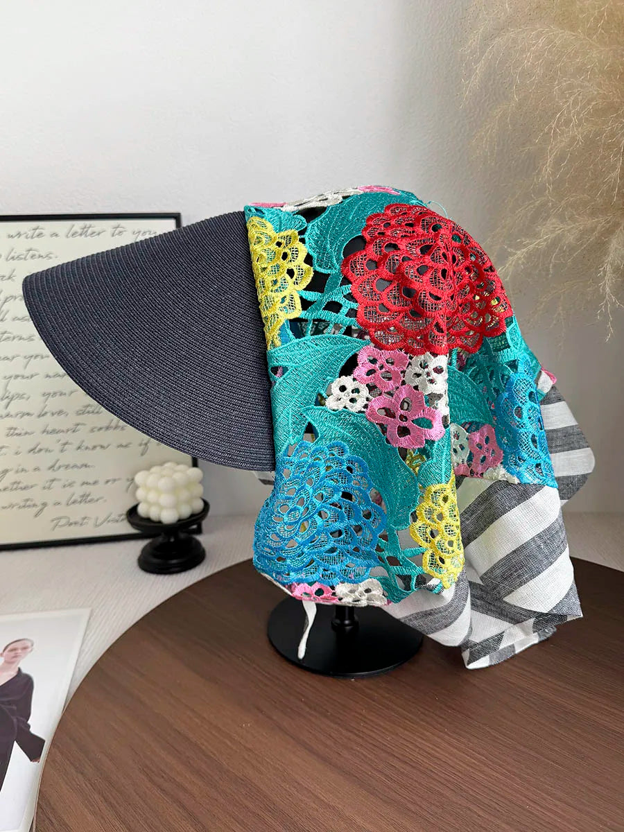 Japan Customize Women UV Paper Straw Sun Hat Hollow Lace Embroidered Headscarf Wide Brim Beach Visor Cap Summer Leisure Travel